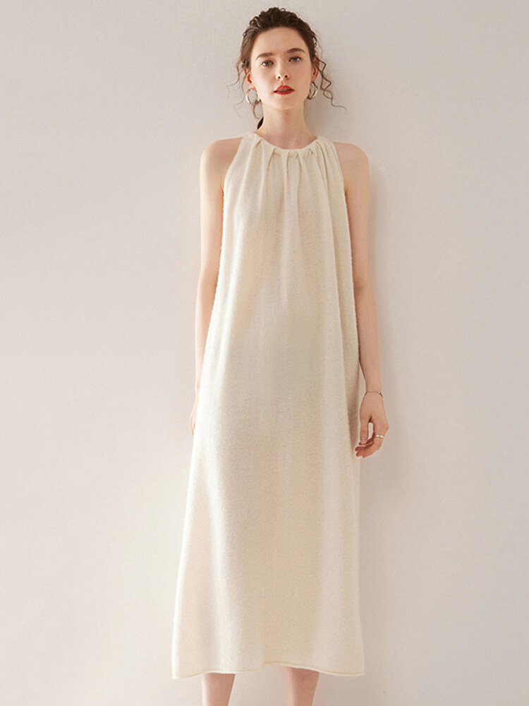 Sleeveless Gathered Halter Neck Cashmere A-line Sweater Dress