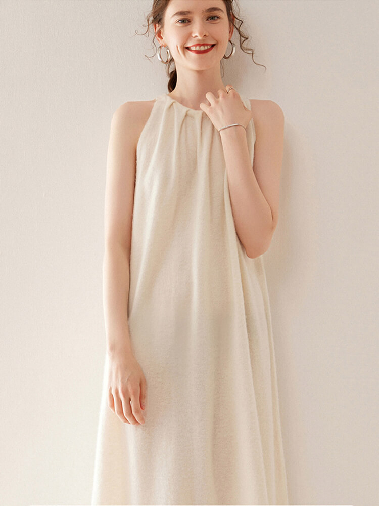 Sleeveless Gathered Halter Neck Cashmere A-line Sweater Dress