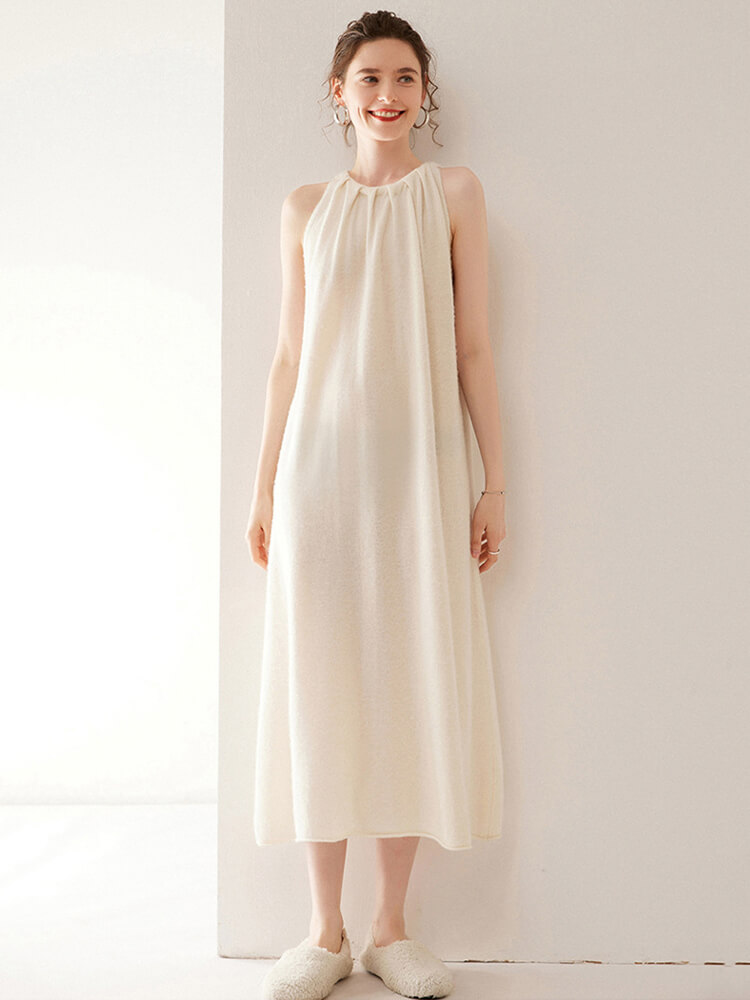 Sleeveless Gathered Halter Neck Cashmere A-line Sweater Dress