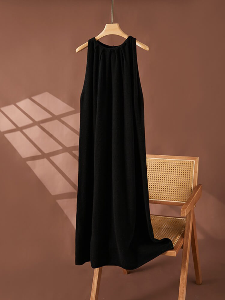 Sleeveless Gathered Halter Neck Cashmere A-line Sweater Dress
