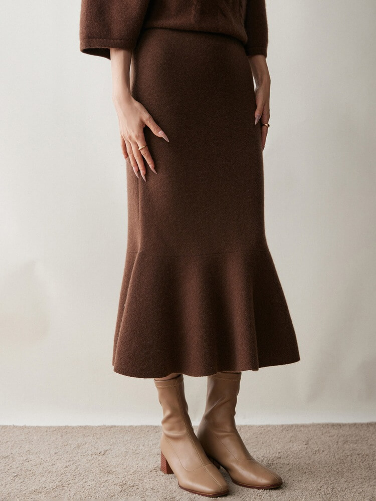 Elegant Flared Hem Cashmere Midi Mermaid Skirt for Women