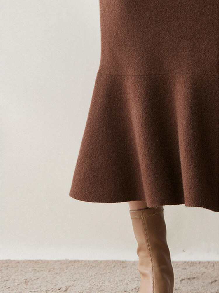 Elegant Flared Hem Cashmere Midi Mermaid Skirt for Women