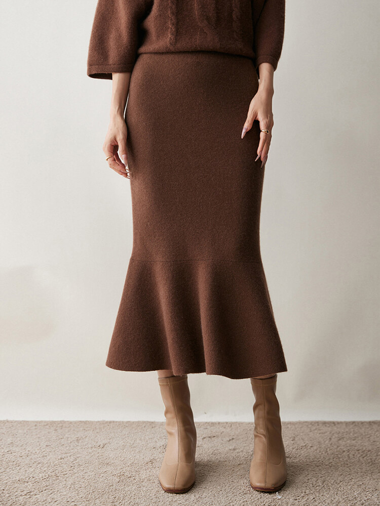 Elegant Flared Hem Cashmere Midi Mermaid Skirt for Women