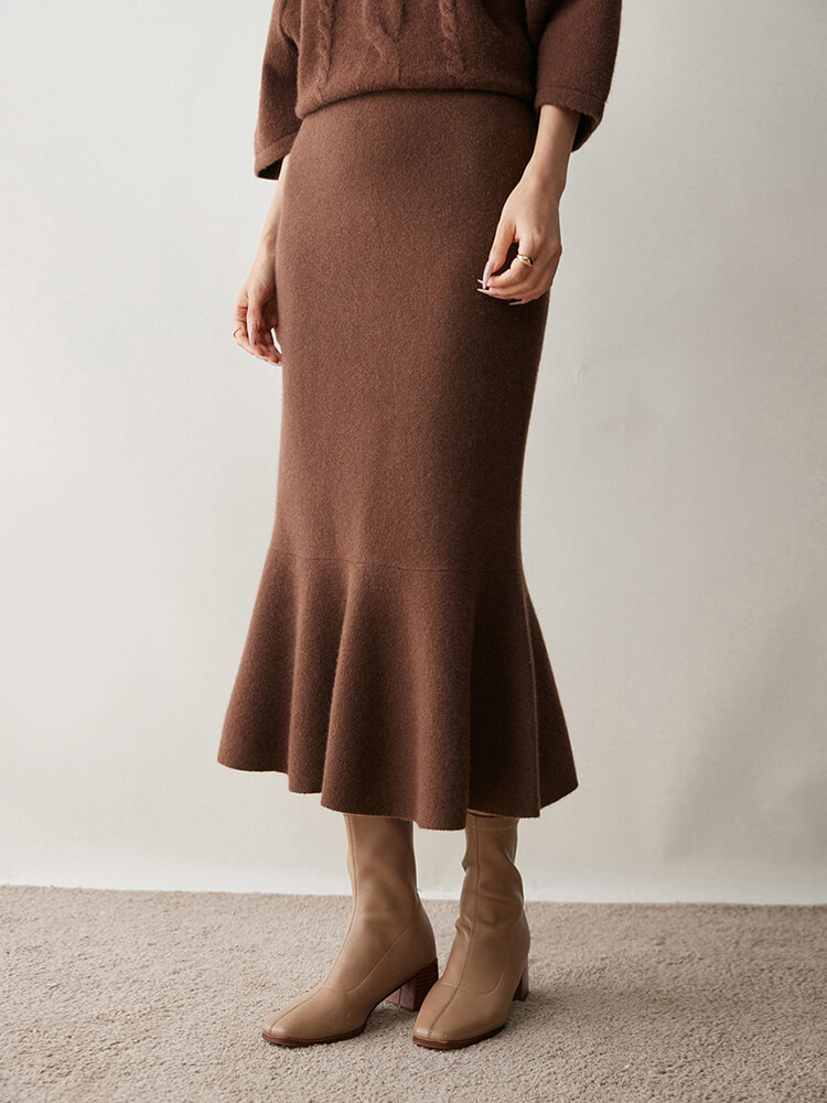 Elegant Flared Hem Cashmere Midi Mermaid Skirt for Women