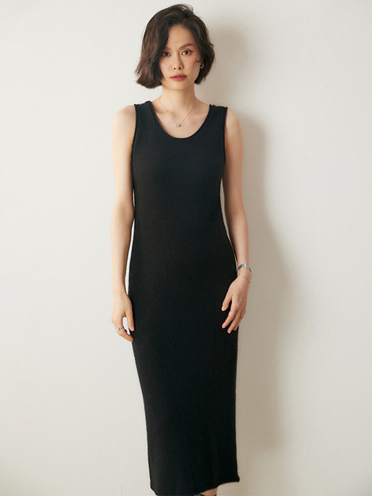 Scoop Neckline Sleeveless Cashmere Midi Tank Dress