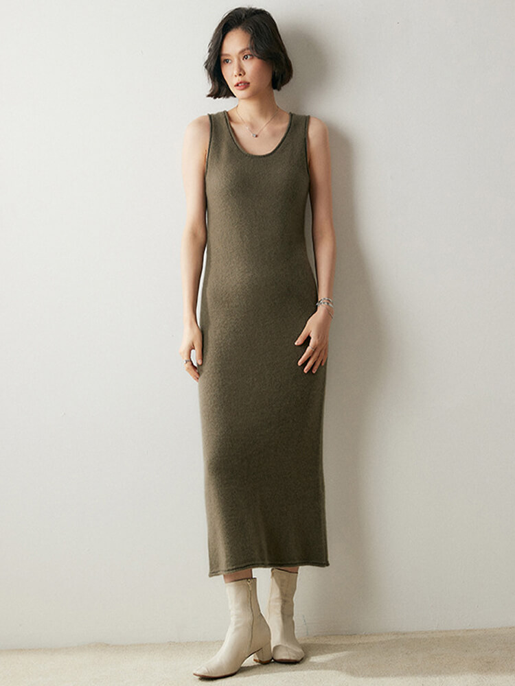Sleeveless Scoop Neck Midi Cashmere Tank Dress