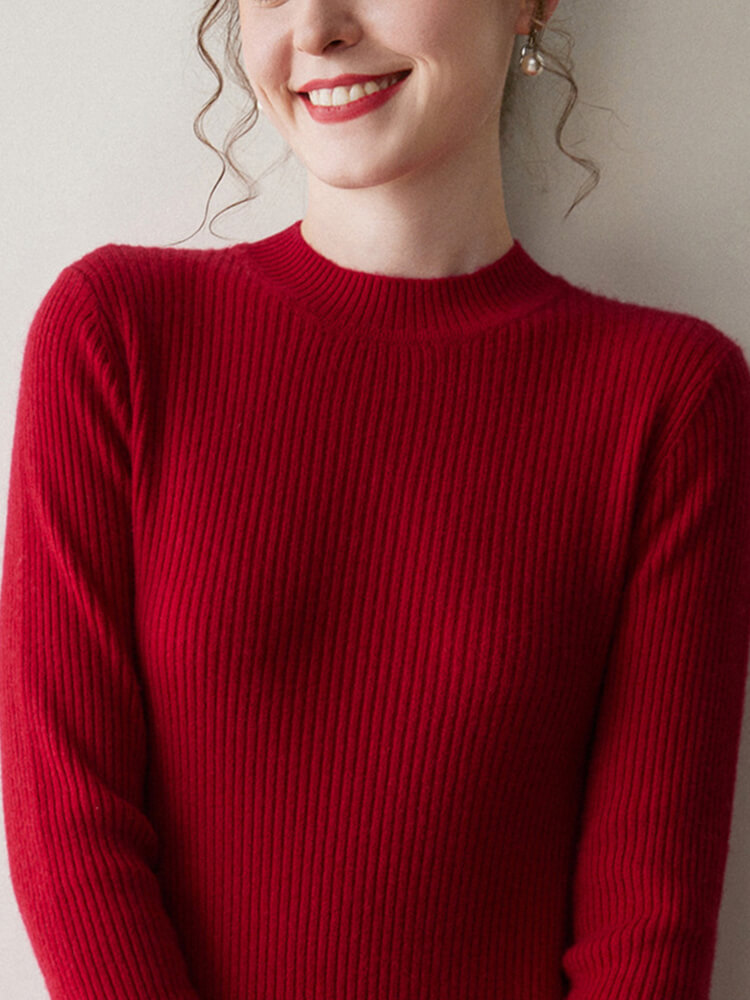 Long Sleeve Crewneck Ribbed 100% Cashmere A-Line Midi Dress