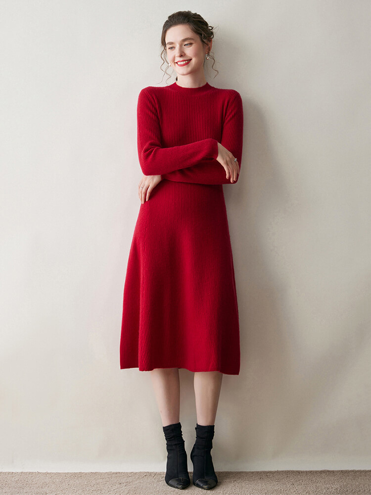 Long Sleeve Crewneck Ribbed 100% Cashmere A-Line Midi Dress
