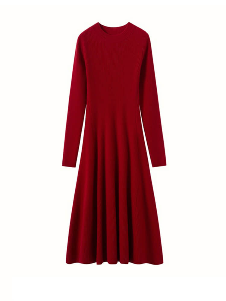 Long Sleeve Crewneck Ribbed 100% Cashmere A-Line Midi Dress