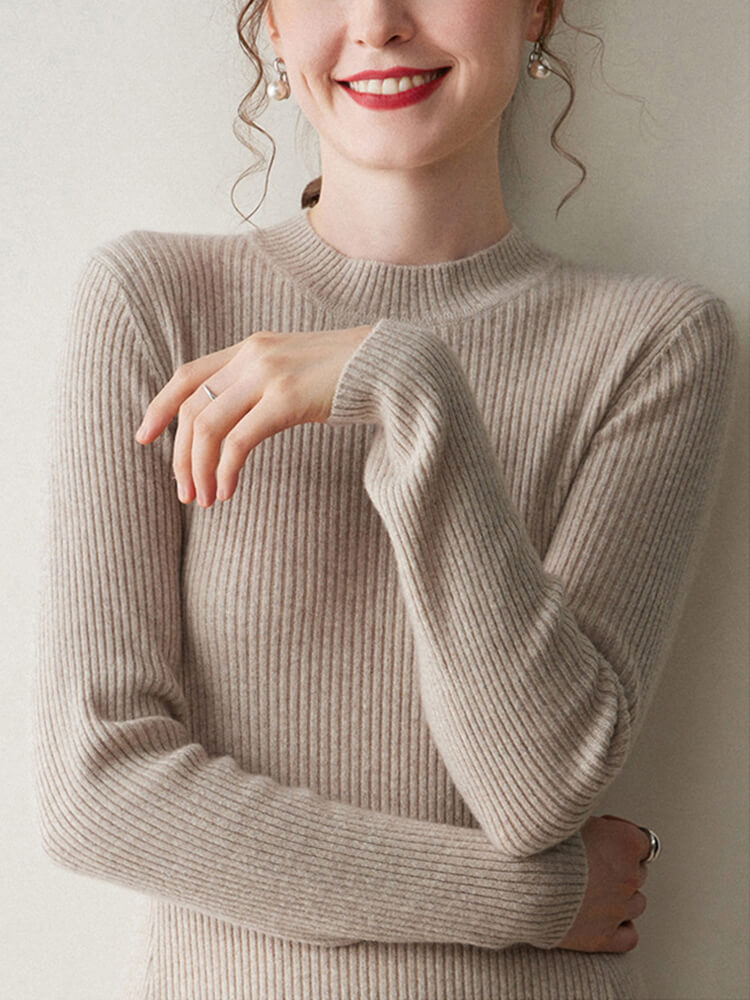 Long Sleeve Crewneck Ribbed 100% Cashmere A-Line Midi Dress