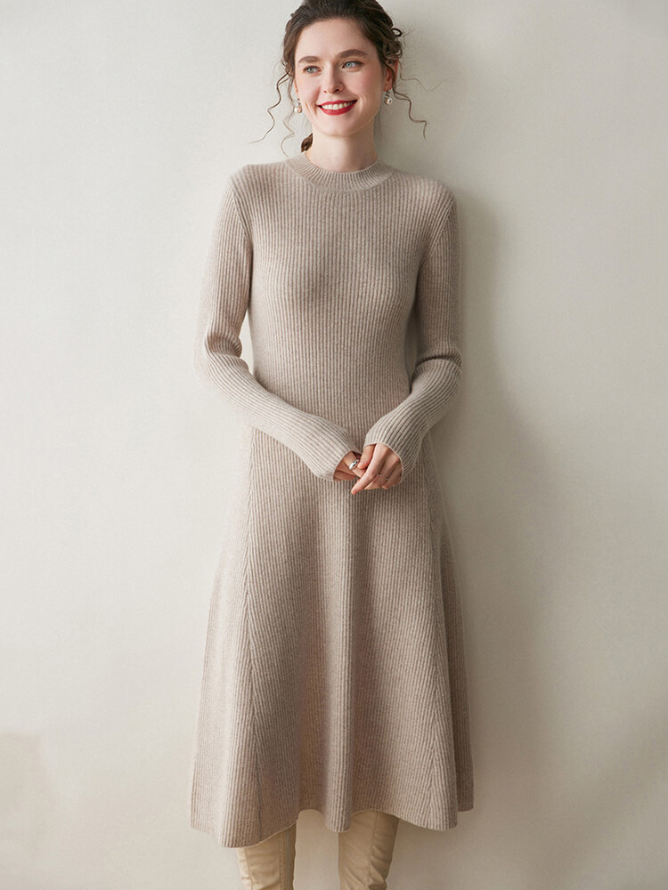 Long Sleeve Crewneck Ribbed 100% Cashmere A-Line Midi Dress