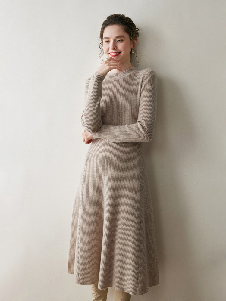 Long Sleeve Crewneck Ribbed 100% Cashmere A-Line Midi Dress
