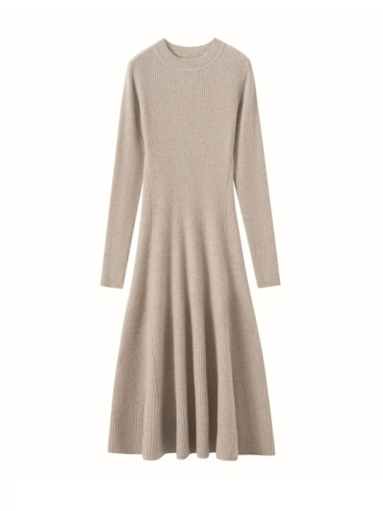 Long Sleeve Crewneck Ribbed 100% Cashmere A-Line Midi Dress