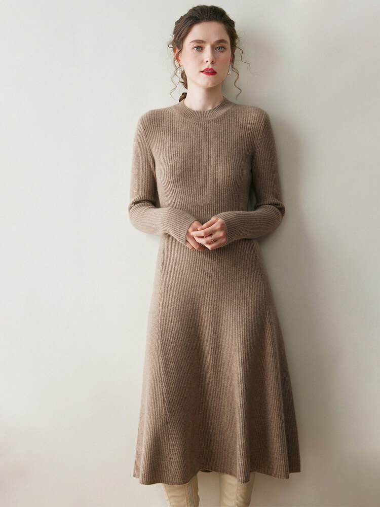 Long Sleeve Crewneck Ribbed 100% Cashmere A-Line Midi Dress