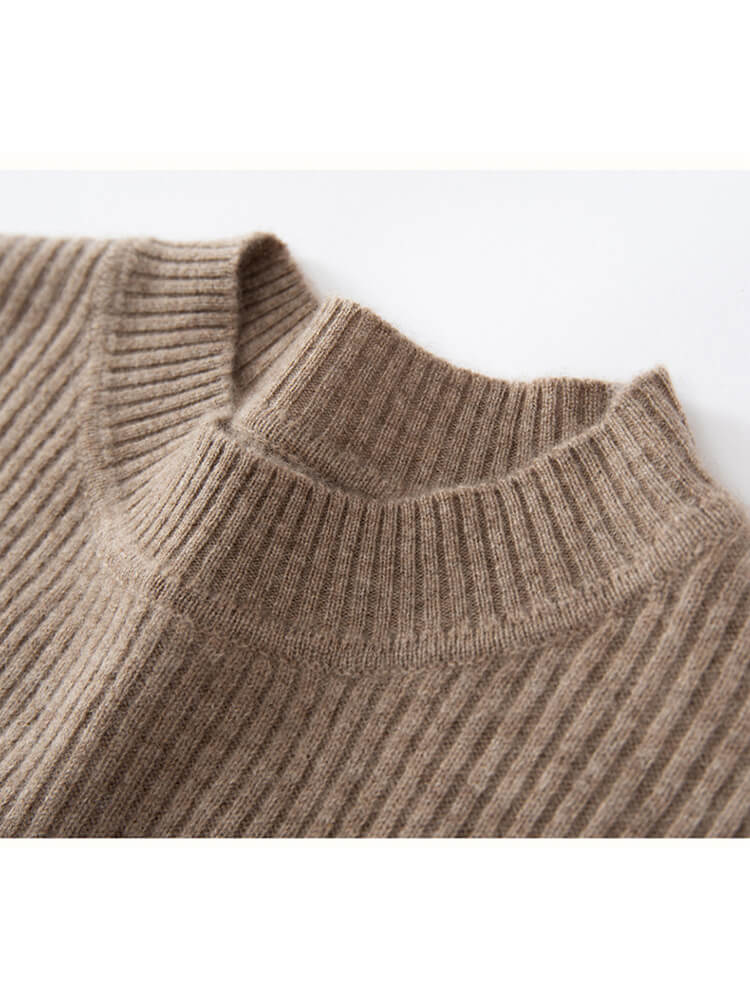 Long Sleeve Crewneck Ribbed 100% Cashmere A-Line Midi Dress