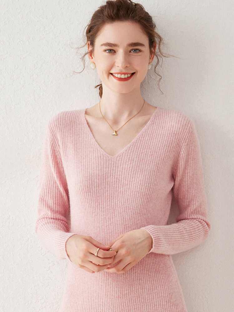 V-Neck Ribbed Long Sleeve Flared Hem Cashmere Sweater Dress