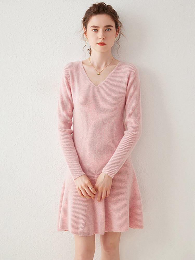 V-Neck Ribbed Long Sleeve Flared Hem Cashmere Sweater Dress