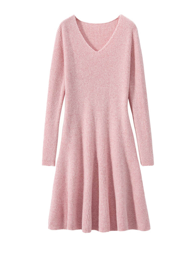 V-Neck Ribbed Long Sleeve Flared Hem Cashmere Sweater Dress