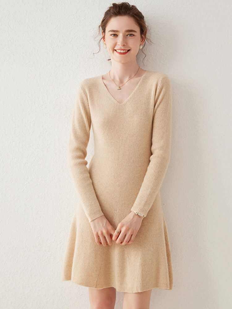 V-Neck Ribbed Long Sleeve Flared Hem Cashmere Sweater Dress