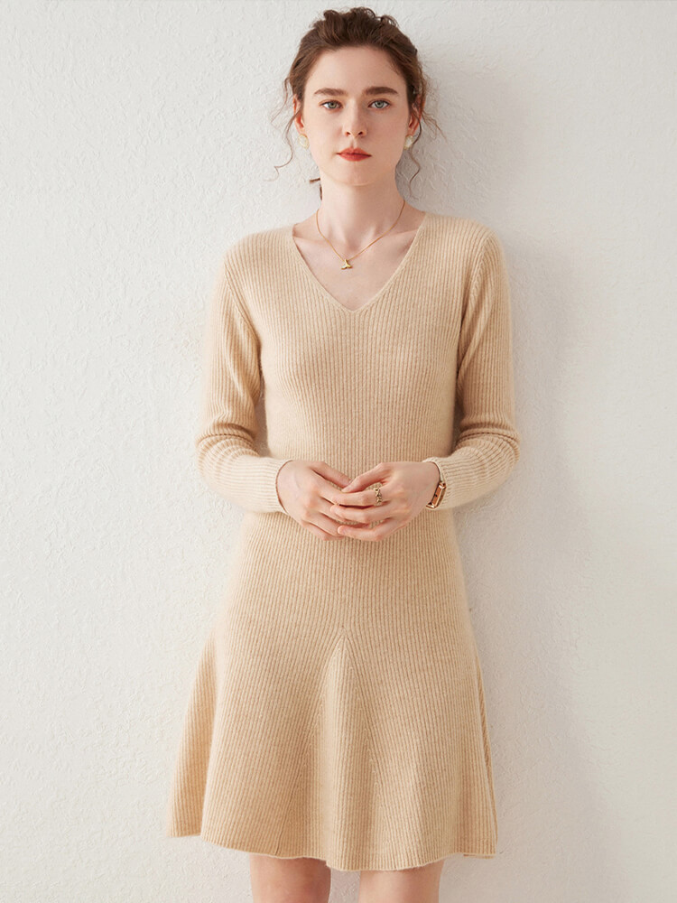 V-Neck Ribbed Long Sleeve Flared Hem Cashmere Sweater Dress