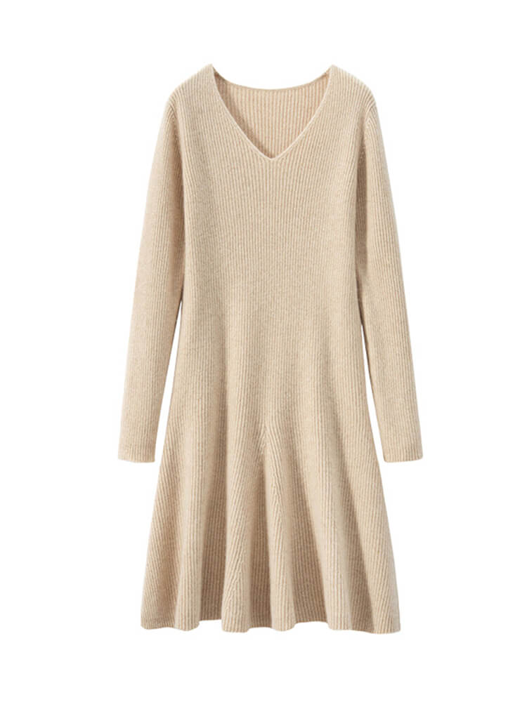 V-Neck Ribbed Long Sleeve Flared Hem Cashmere Sweater Dress