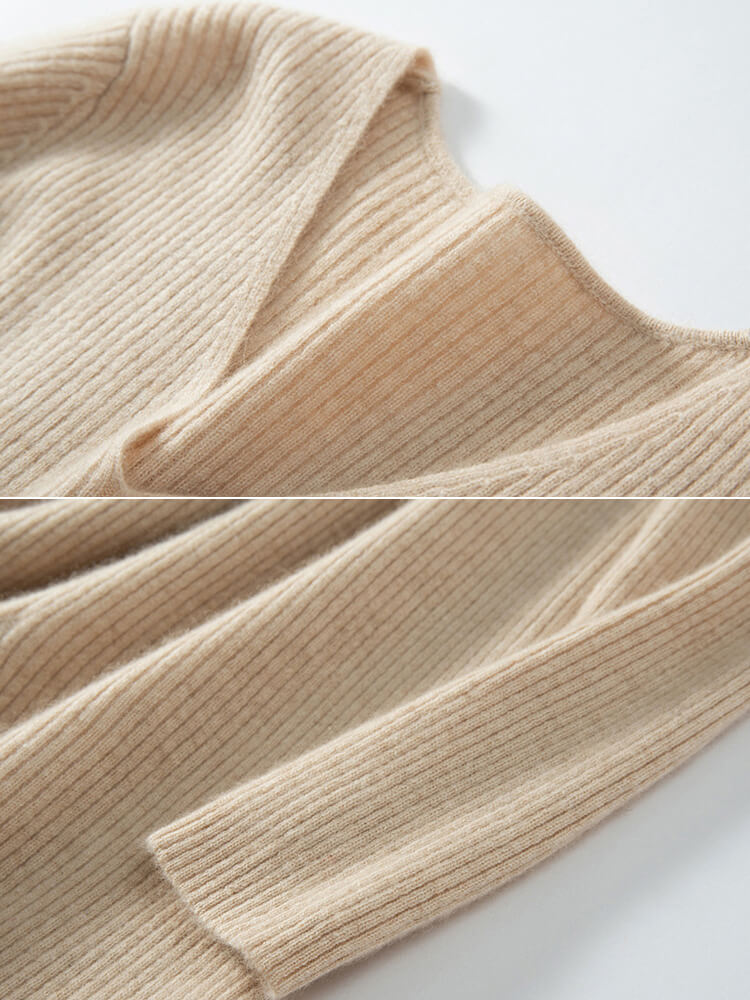 V-Neck Ribbed Long Sleeve Flared Hem Cashmere Sweater Dress