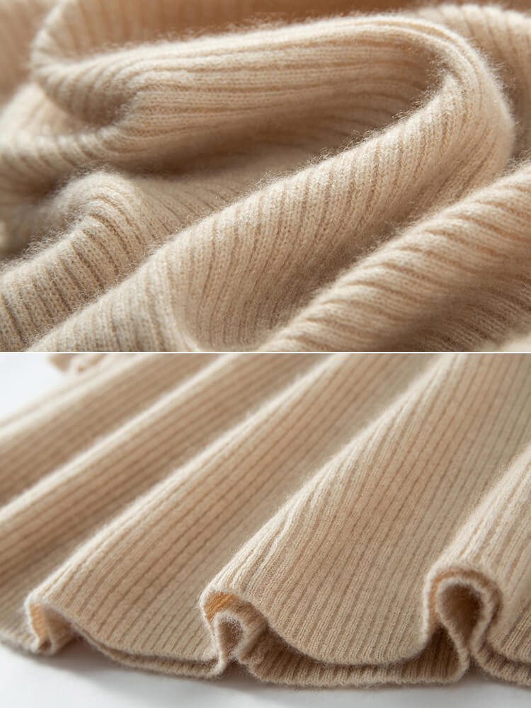 V-Neck Ribbed Long Sleeve Flared Hem Cashmere Sweater Dress