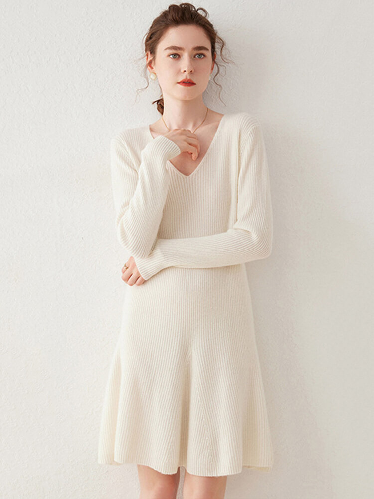 V-Neck Ribbed Long Sleeve Flared Hem Cashmere Sweater Dress