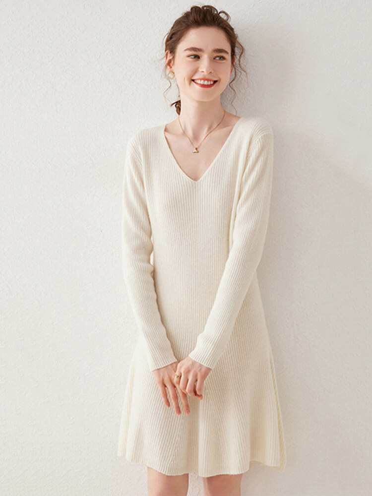 V-Neck Ribbed Long Sleeve Flared Hem Cashmere Sweater Dress