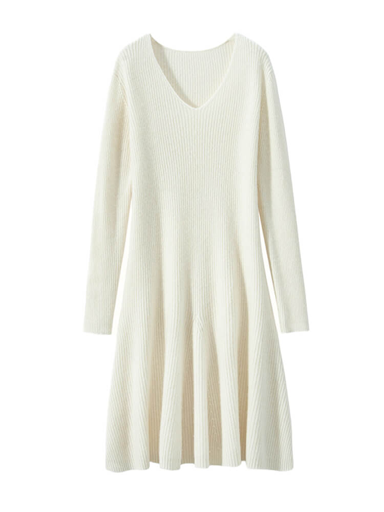 V-Neck Ribbed Long Sleeve Flared Hem Cashmere Sweater Dress