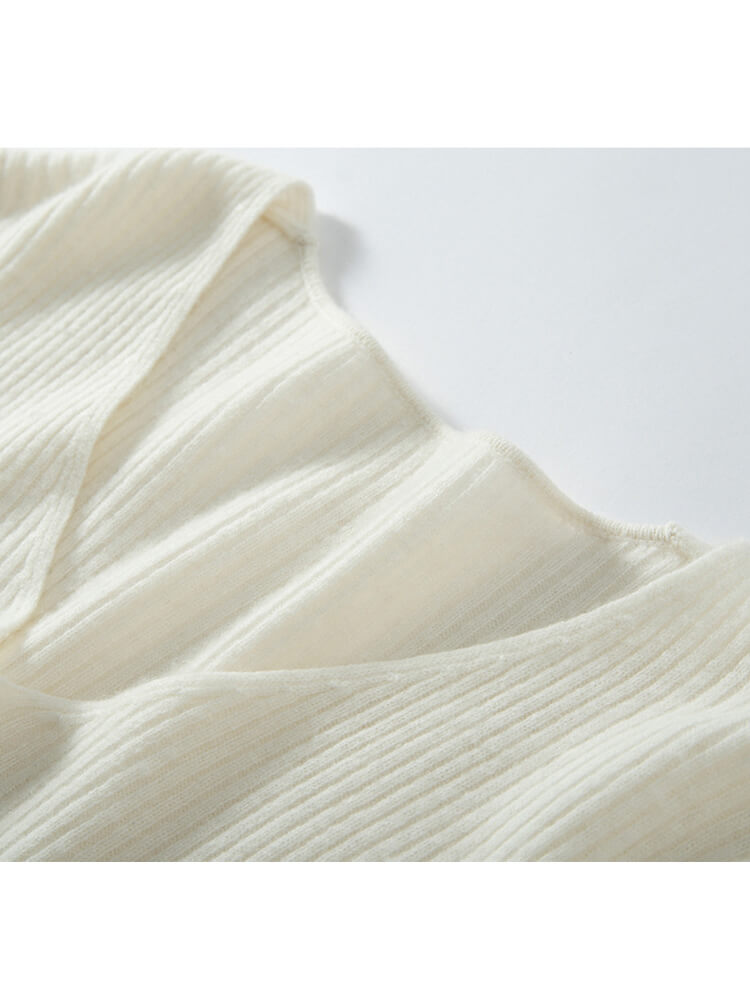 V-Neck Ribbed Long Sleeve Flared Hem Cashmere Sweater Dress