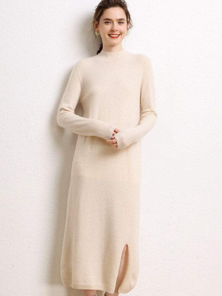 Cashmere Mock Neck Midi Dress with Side Slit
