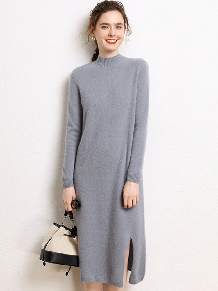Cashmere Mock Neck Midi Dress with Side Slit