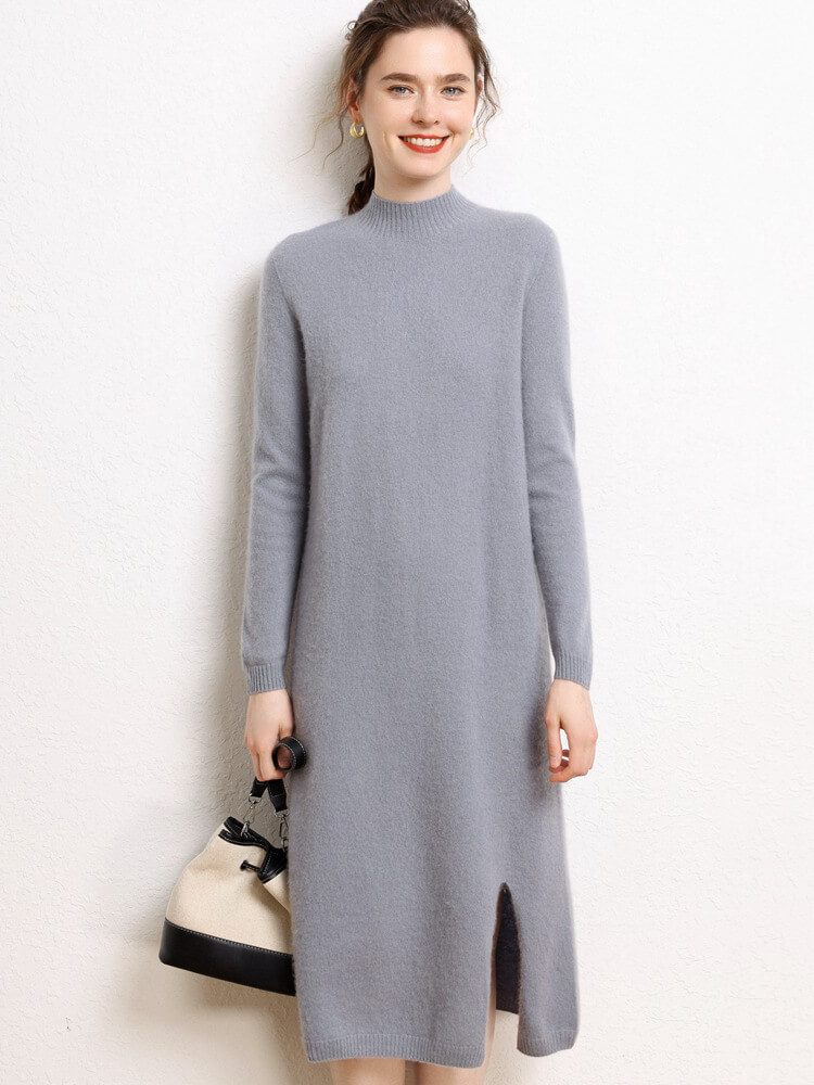 Cashmere Mock Neck Midi Dress with Side Slit