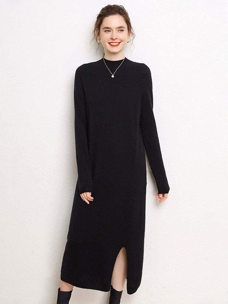 Cashmere Mock Neck Midi Dress with Side Slit