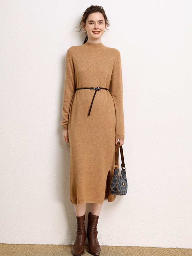 Cashmere Mock Neck Midi Dress with Side Slit