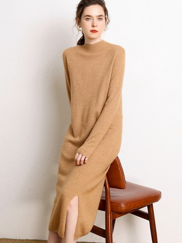 Cashmere Mock Neck Midi Dress with Side Slit