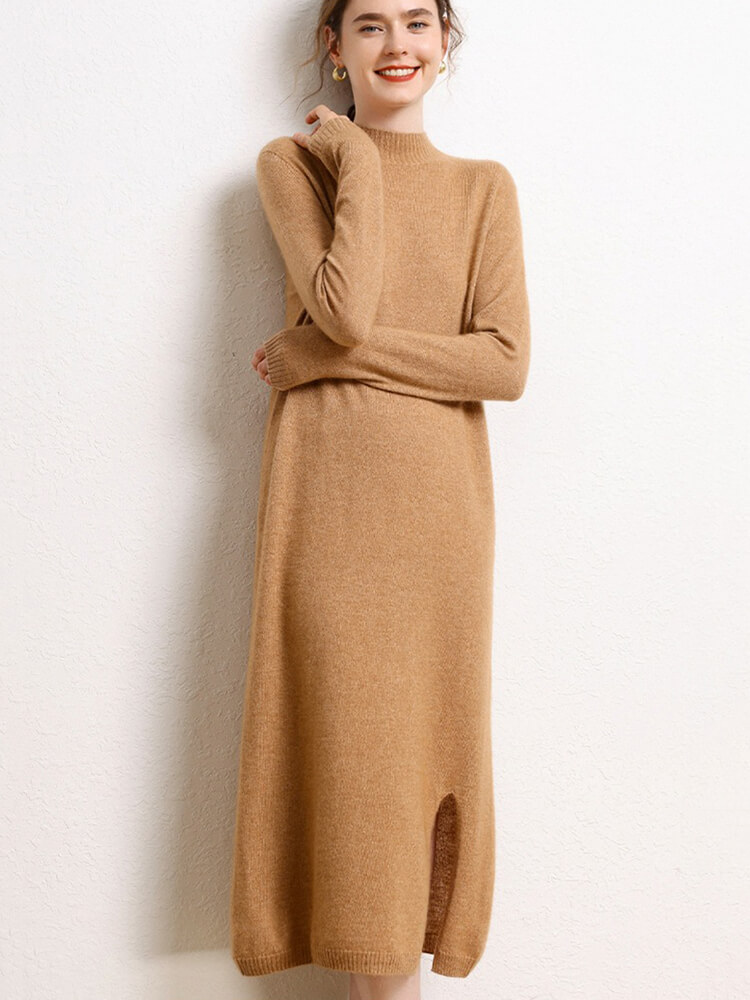 Cashmere Mock Neck Midi Dress with Side Slit