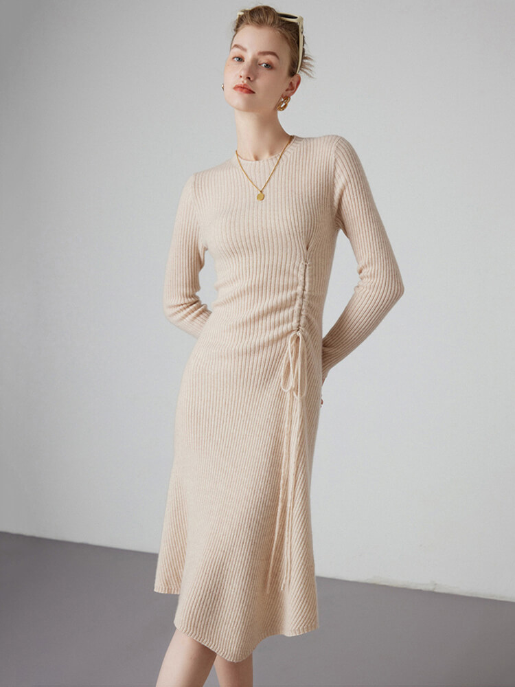 Chic Crewneck Ribbed Cashmere Sweater Dress with Side Drawstring