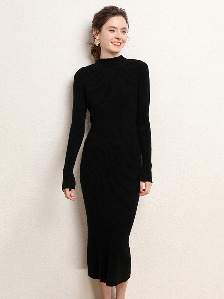 Ribbed 100% Cashmere Mock Neck Bodycon Midi Dress