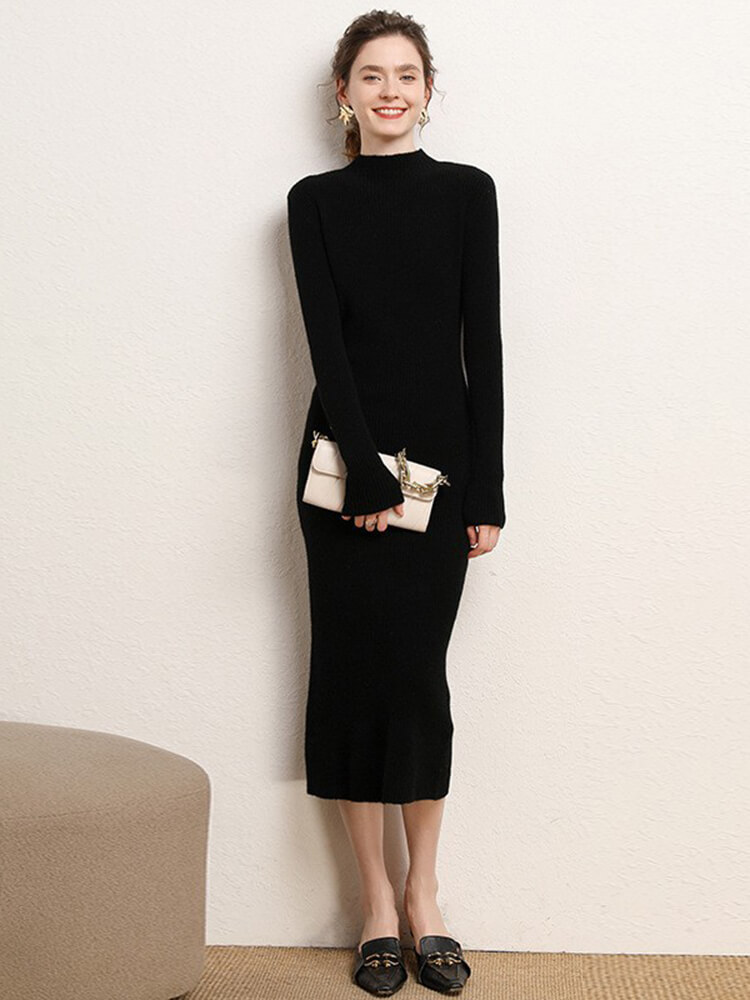 Ribbed 100% Cashmere Mock Neck Bodycon Midi Dress