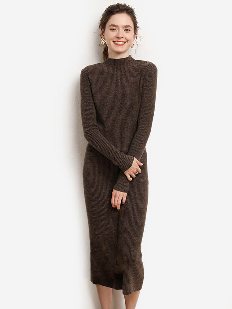 Ribbed 100% Cashmere Mock Neck Bodycon Midi Dress