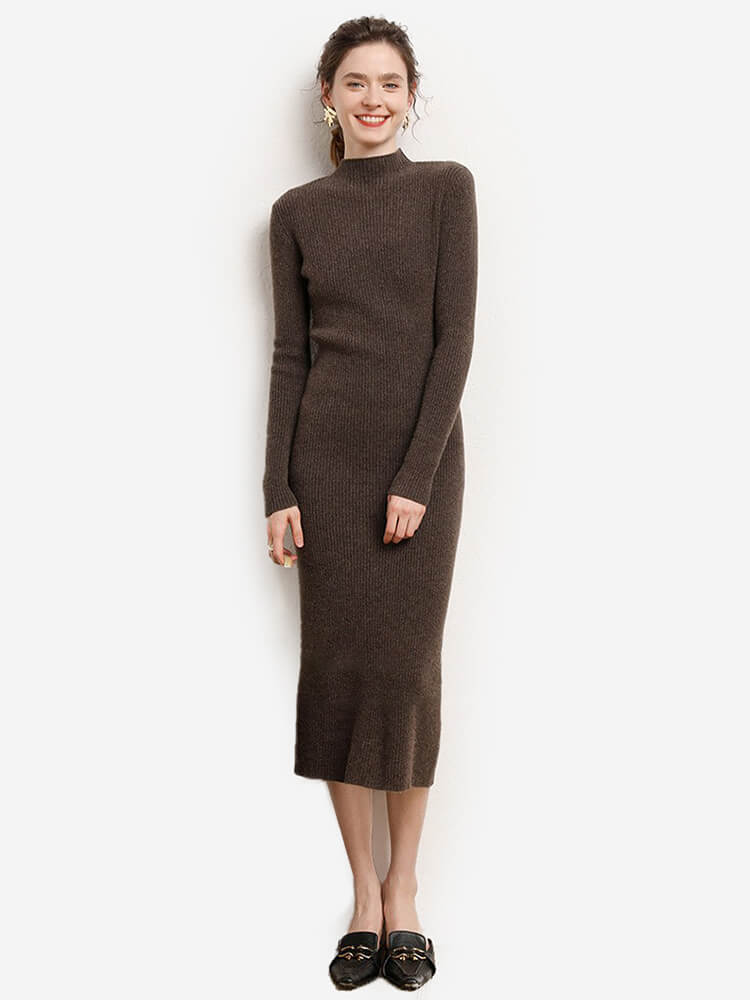 Ribbed 100% Cashmere Mock Neck Bodycon Midi Dress