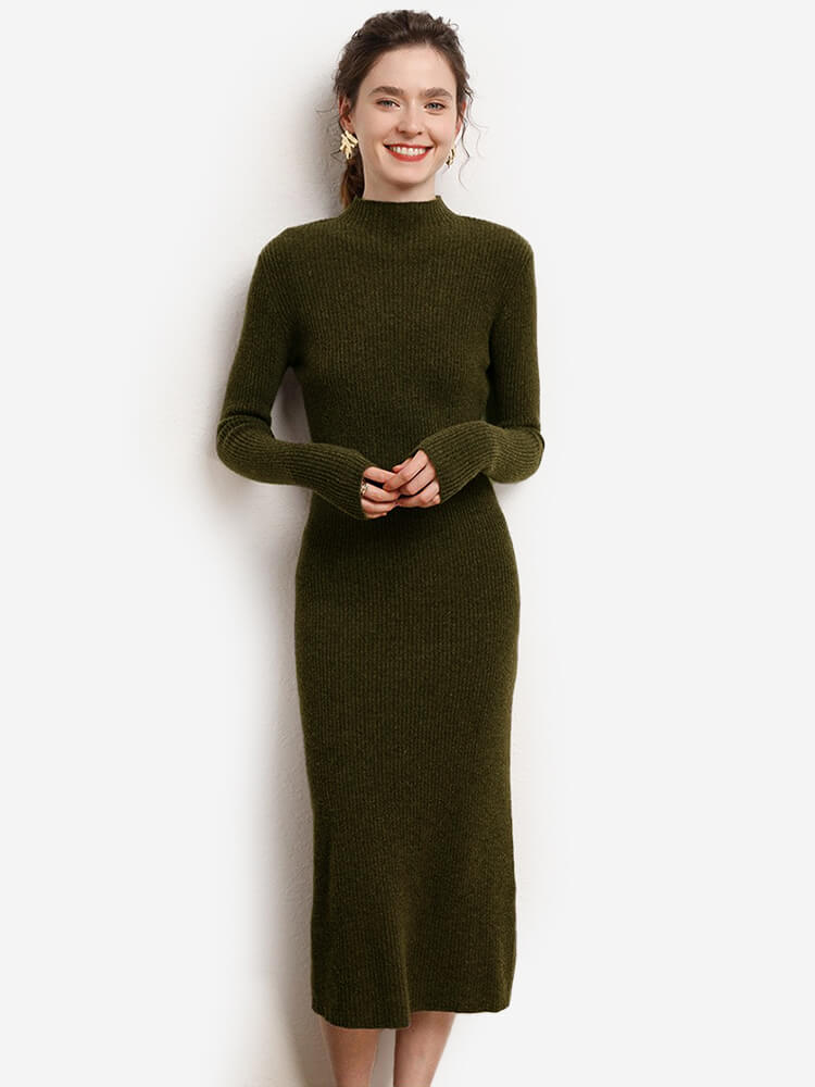 Ribbed 100% Cashmere Mock Neck Bodycon Midi Dress