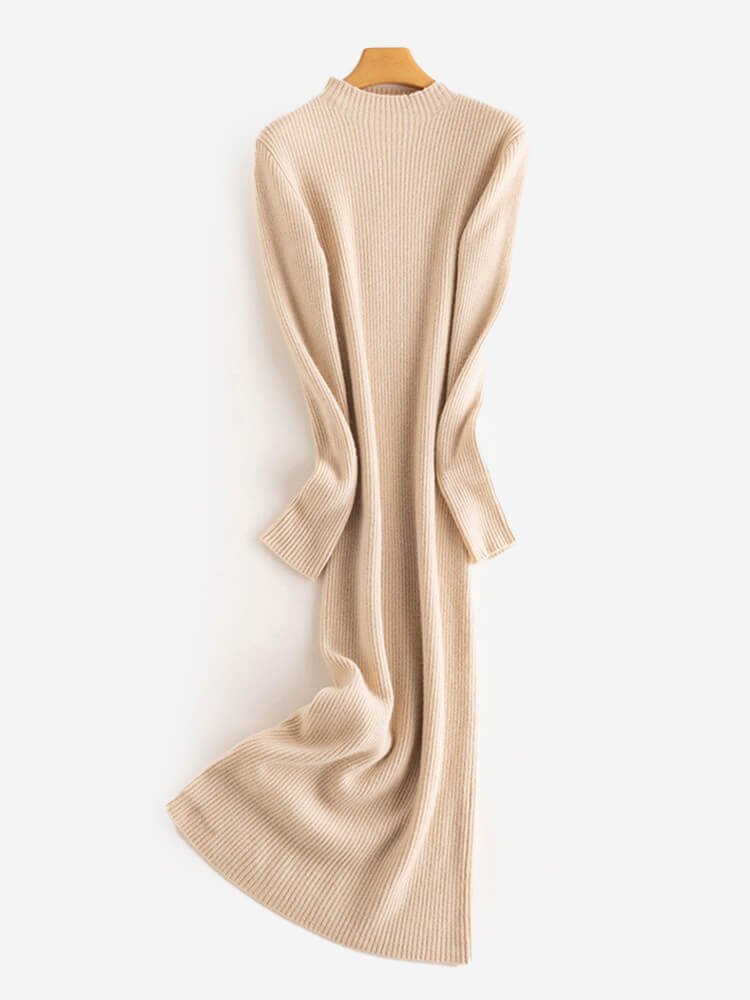 Ribbed 100% Cashmere Mock Neck Bodycon Midi Dress