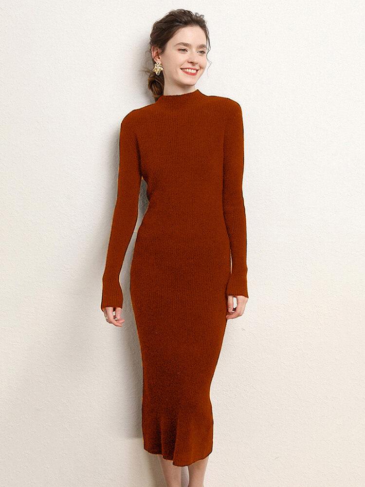 Ribbed 100% Cashmere Mock Neck Bodycon Midi Dress