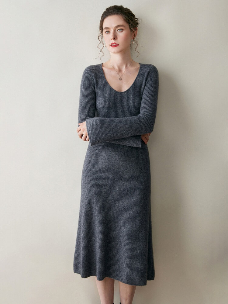 Ribbed 100% Cashmere Scoop Neck Flared Sleeve Midi Dress