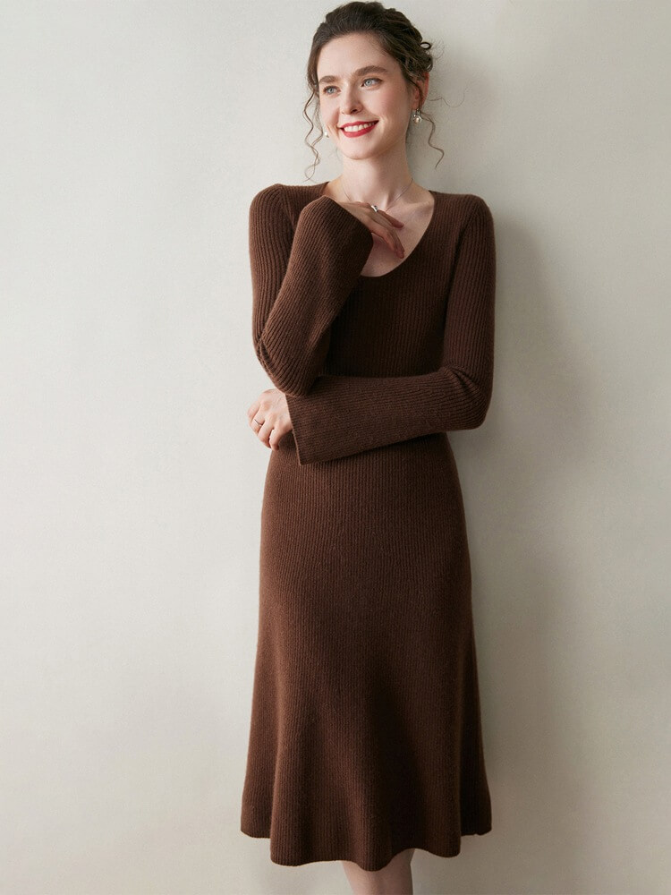 Ribbed 100% Cashmere Scoop Neck Flared Sleeve Midi Dress