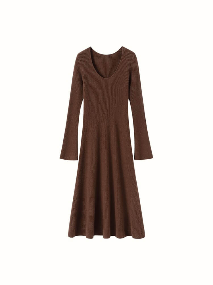 Ribbed 100% Cashmere Scoop Neck Flared Sleeve Midi Dress