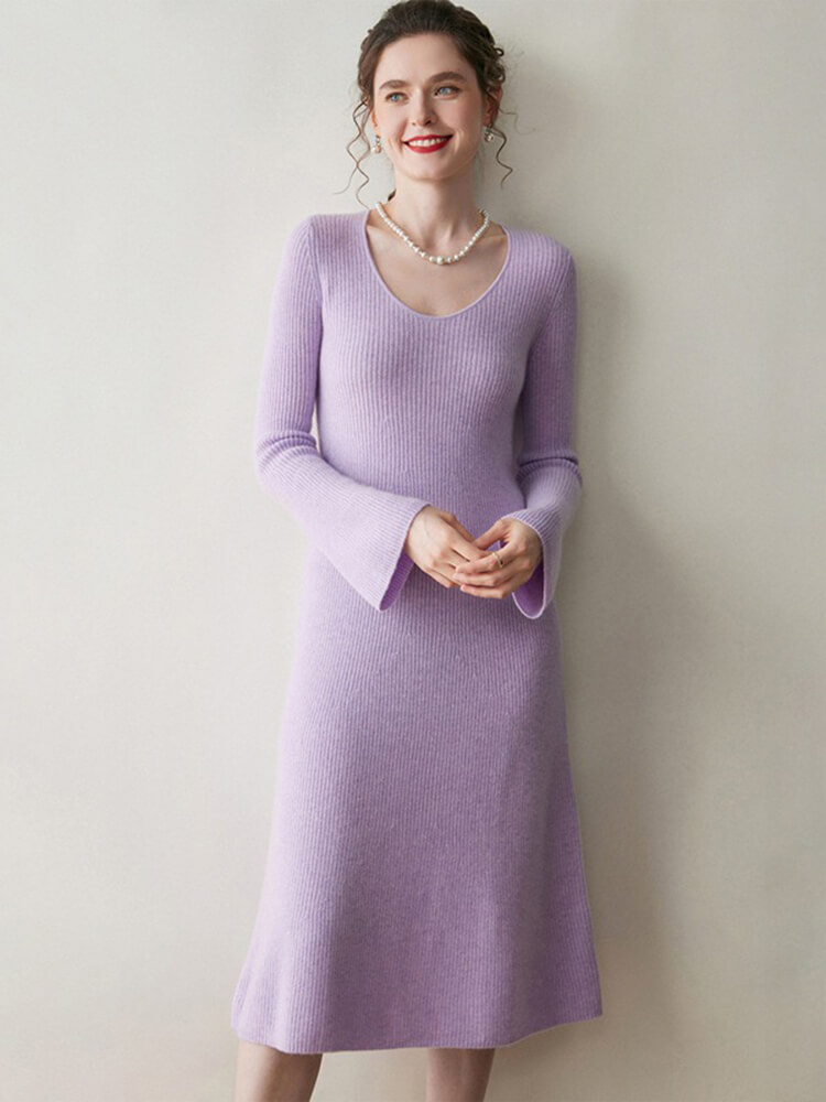 Ribbed 100% Cashmere Scoop Neck Flared Sleeve Midi Dress